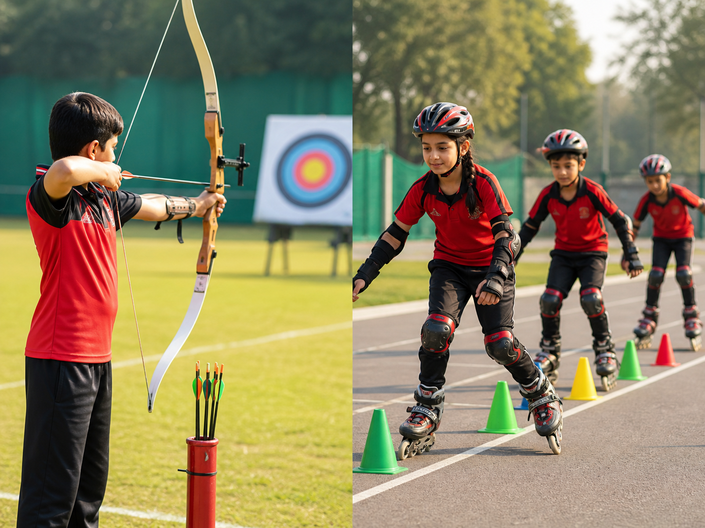 Students practicing archery and skating