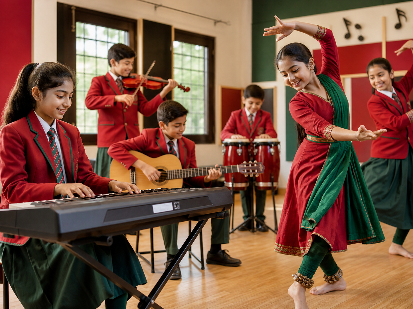 Students practicing music dance and keyboard