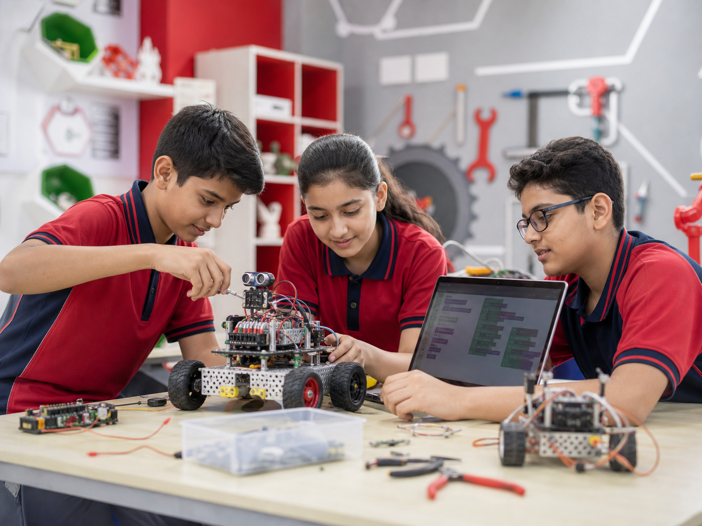 Students building a robotics project