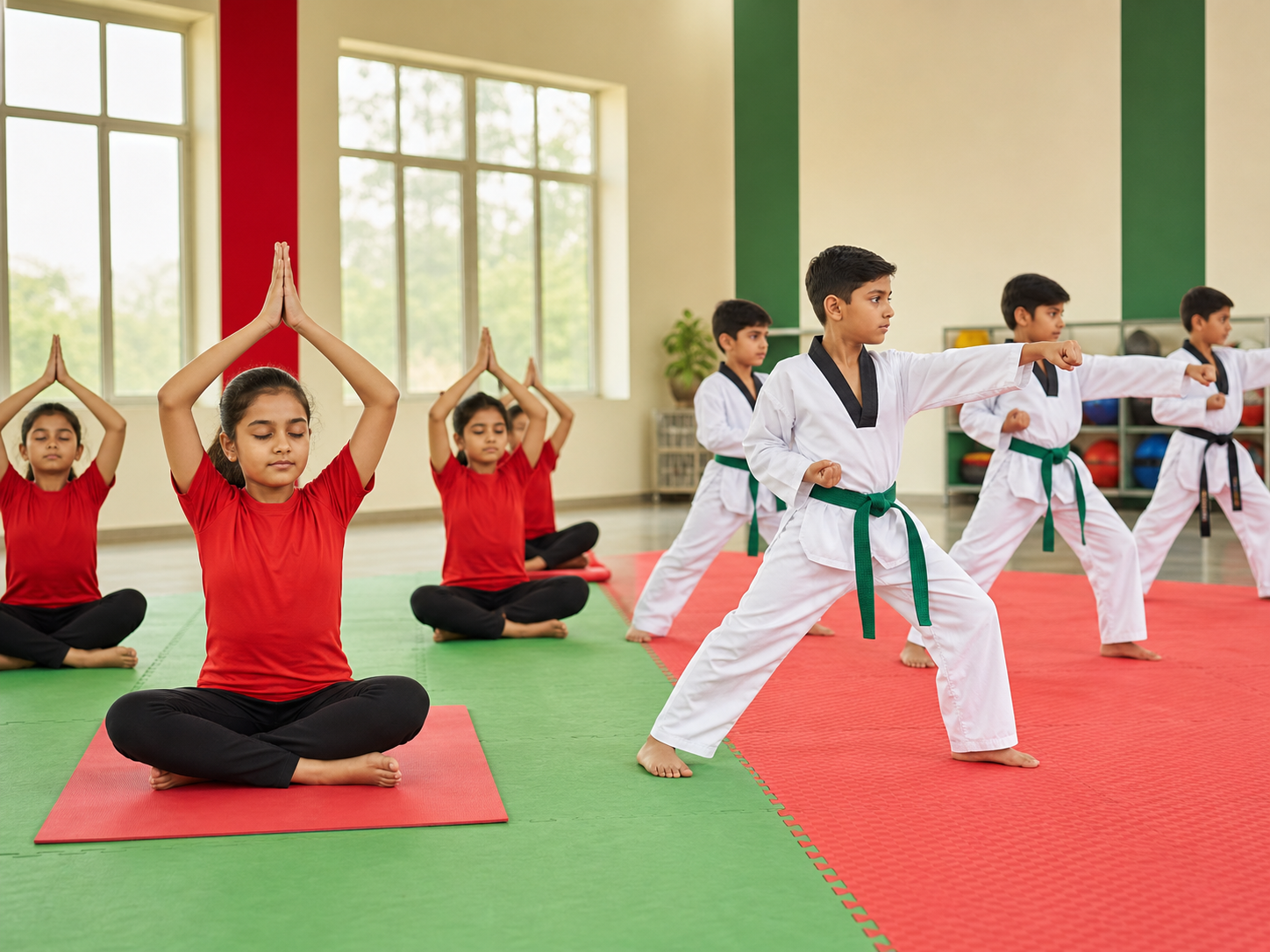 Students practicing yoga and taekwondo